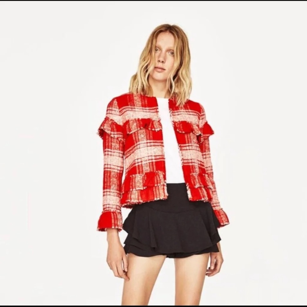 Zara Plaid Ruffled Distressed Jacket | Size:S Color:Red